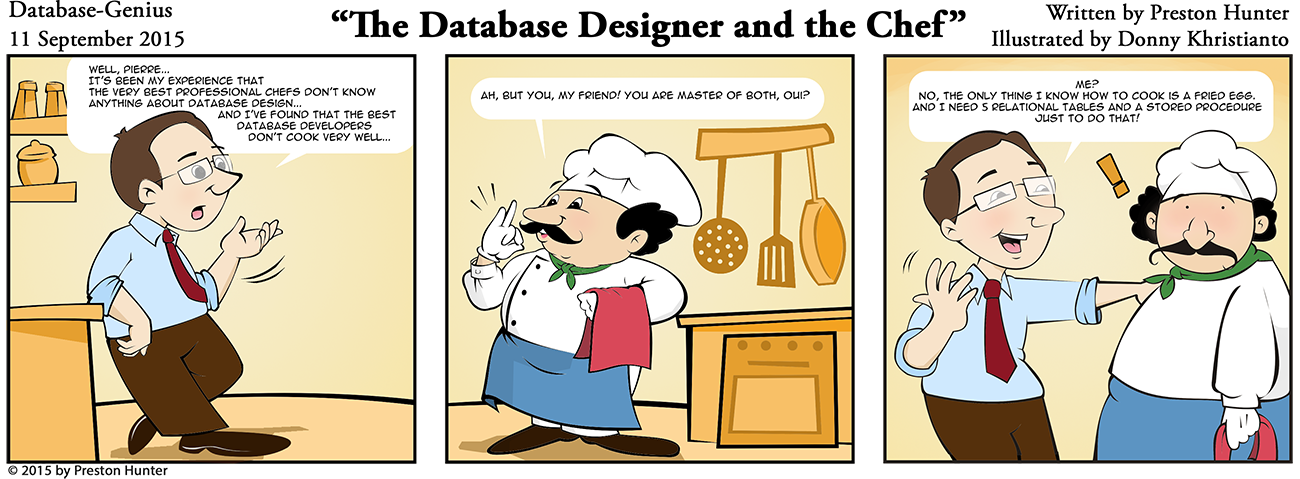 Preston Hunter: Database Genius (relational database cartoon): The Database Designer and the Chef